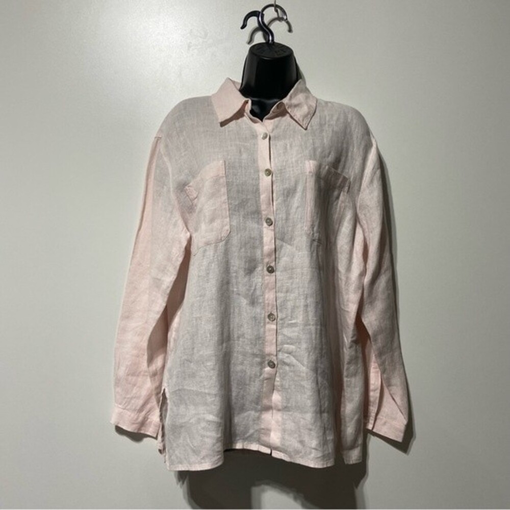 Chicos Blush Pink Linen Button Down Shirt Size 2 Large Shell Buttons